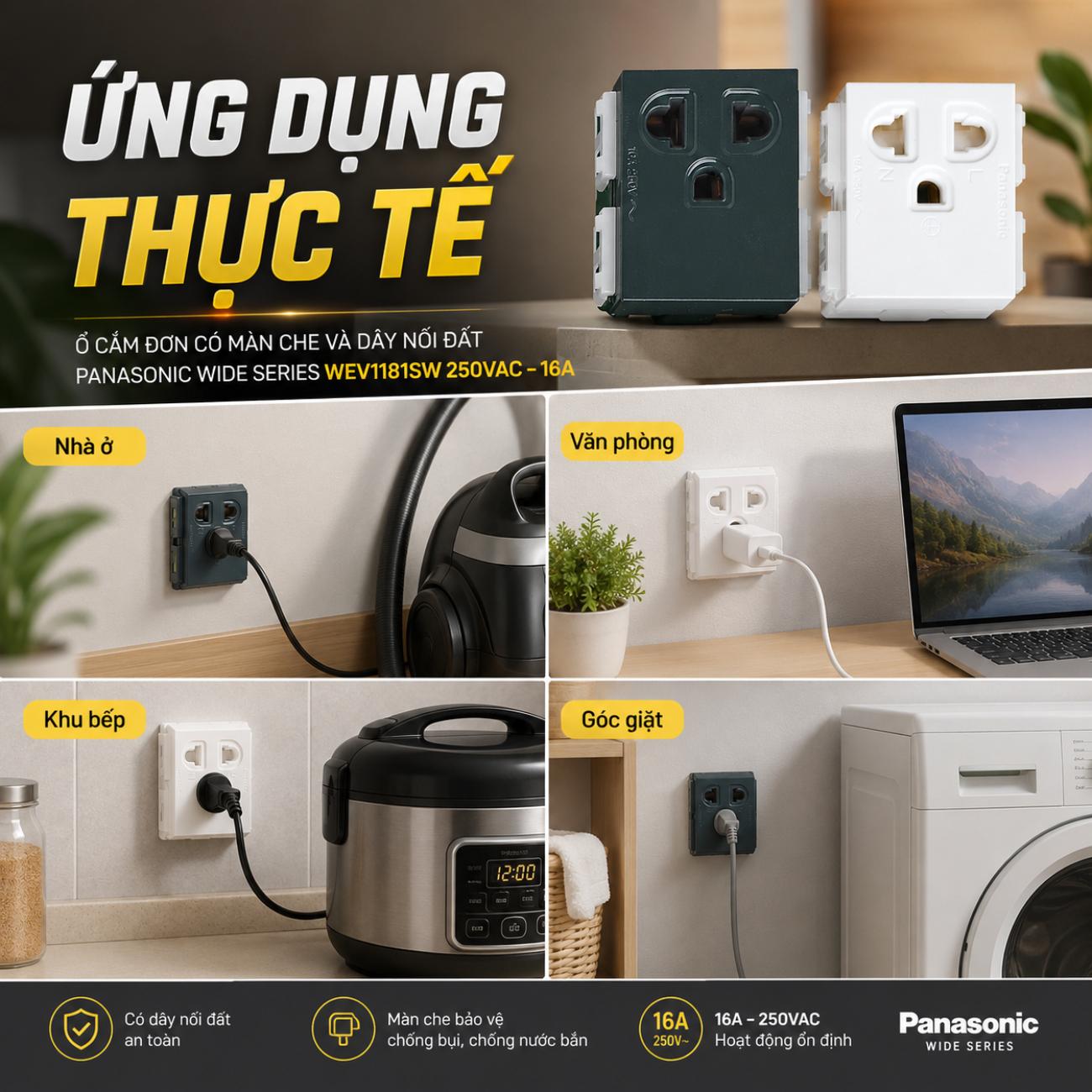 Ổ cắm đơn có màn che và dây nối đất Panasonic WEV1181SW WIDE Series 250VAC – 16A